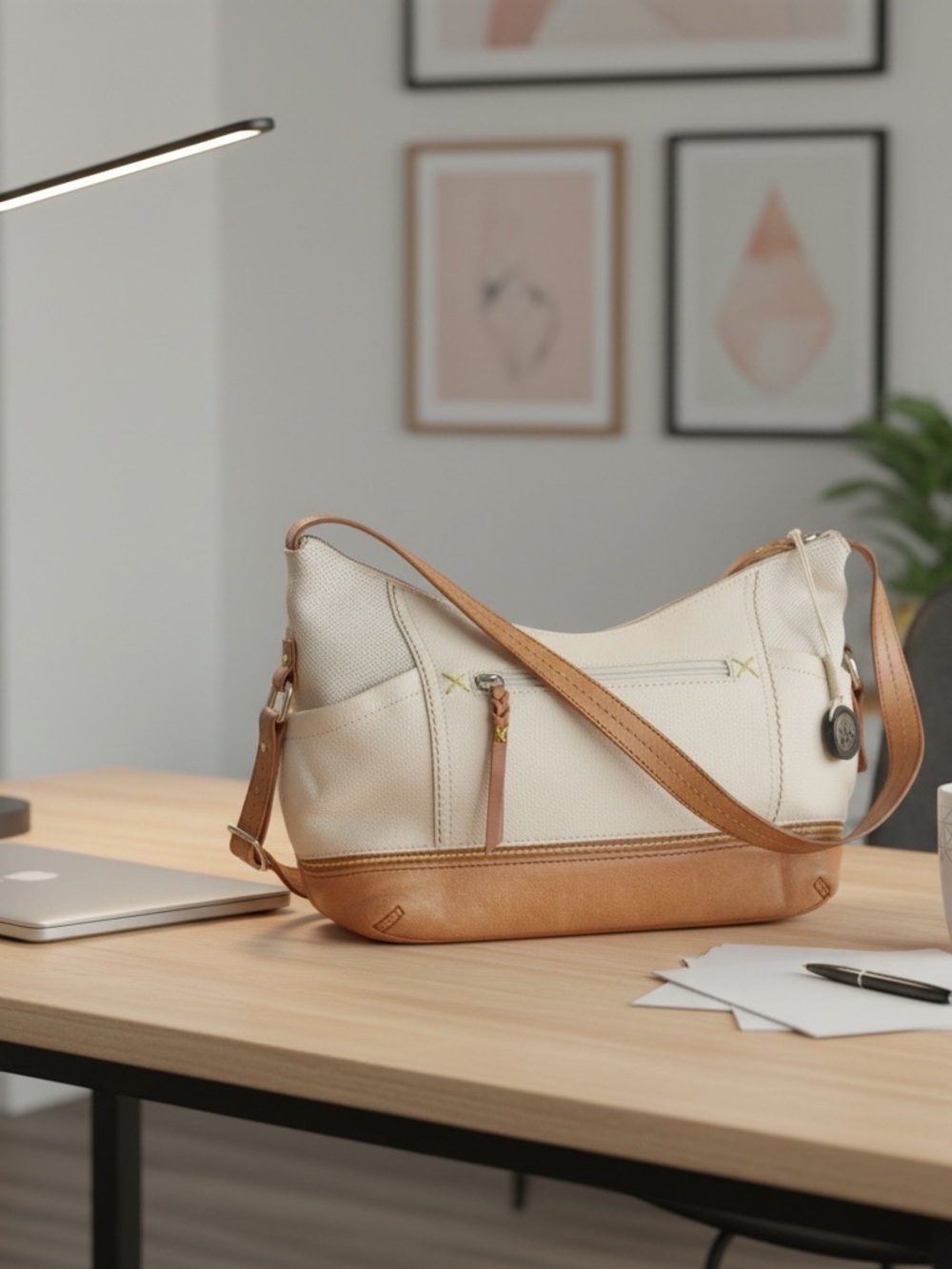 The Sak Cream and Tan Leather-Trim Shoulder Bag